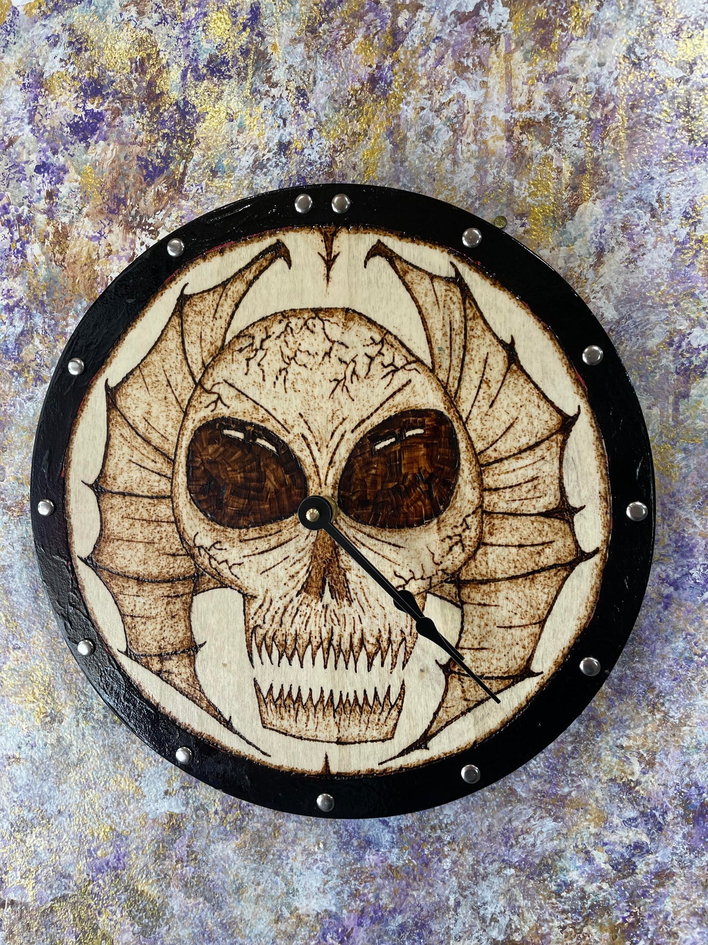 "Batwing Skull" Wood Pyrography Clock